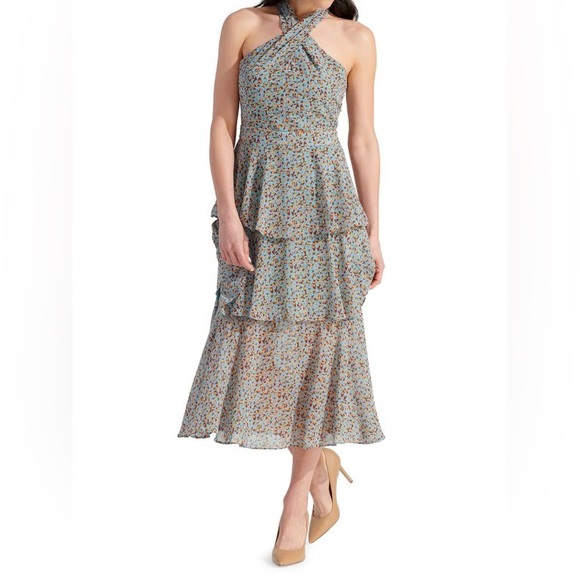 Sam Edelman | Printed Tiered Midi Dress in Dusty Blue - Picture 2 of 9